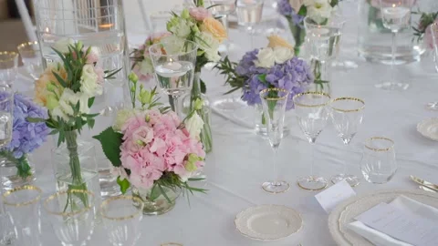 Beautiful wedding decor with flowers on the table Stock Footage 223346661