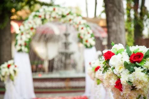 Beautiful wedding decor in red and white colors Stock Photos