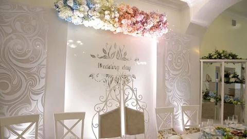 Beautiful Wedding decoration in the restaurant. Stock Footage 124596019