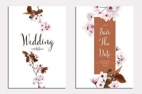 Beautiful wedding invitation and Save The Date with floral design on light ba Stock Photos