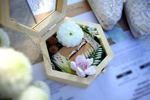 Beautiful Wedding Rings in Hexagonal Box Stock Photos