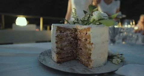 Beautiful wedding Rustic cake displayed on table Video stock 112886407