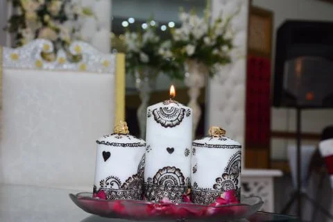 Beautiful wedding table setting with decorations and candels Stock Photos
