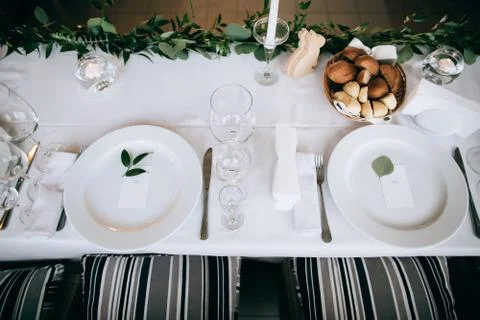 Beautiful wedding table setting in white Stock Photos