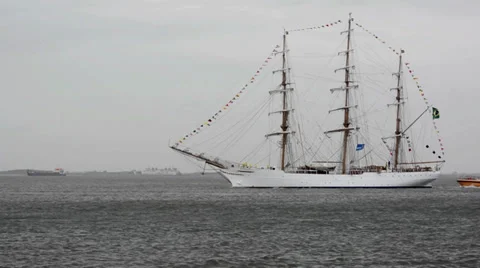 Beautiful whit sailing ship is passing by Stock Footage 30440048