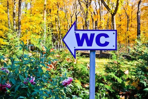 Beautiful white arrow pointer direction to the toilet, water closet against t Stock Photos