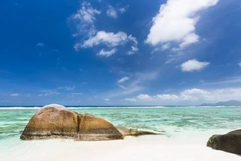 Beautiful white beach anse source d'argent in la digue, seychelles with sceni Stock Photos
