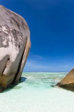 Beautiful white beach anse source d'argent in la digue, seychelles with sceni Stock Photos