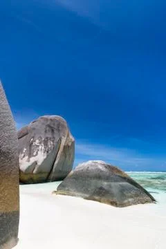 Beautiful white beach Anse Source D'Argent in La Digue, Seychelles with sceni Stock Photos