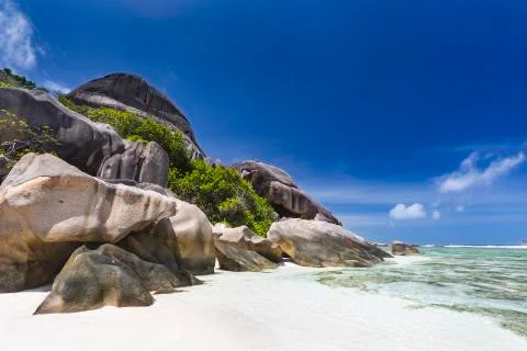 Beautiful white beach Anse Source D'Argent in La Digue, Seychelles with grani Stock Photos