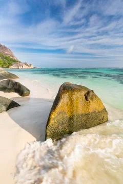 Beautiful white beach Anse Source D'Argent in La Digue, Seychelles with sceni Stock Photos