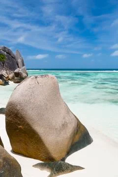 Beautiful white beach Anse Source D'Argent in La Digue, Seychelles with sceni Stock Photos