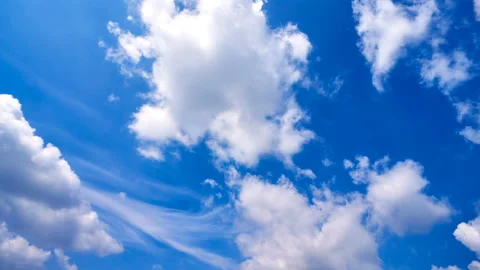 Beautiful white clouds move across the blue sky. Time Laps composition in motion Stock Footage 136772605