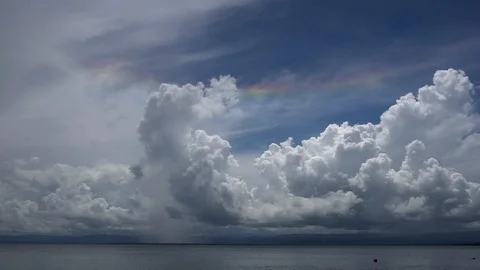 Beautiful White Clouds With Rainbow In Blue Sky [Slow Motion] Stock Footage 89876171