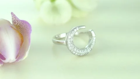 Beautiful White Gold Diamond Ring paved with stones Stock Footage 135273232