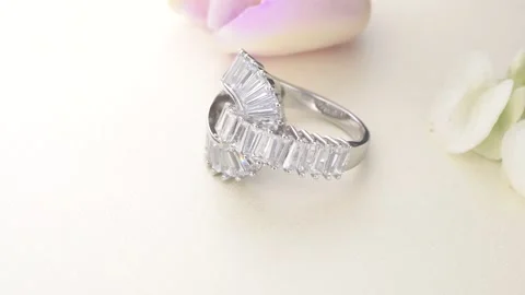 Beautiful White Gold Diamond Ring paved with stones Stock Footage 135273630