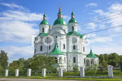 Beautiful white green-domed orthodox church in Ukrainian town of Kozelets Stock Photos