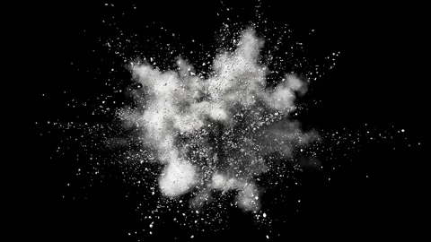 Beautiful White Powder Explosion with Flying Particles and Smoke on Black Backgr Stock Footage 346800305