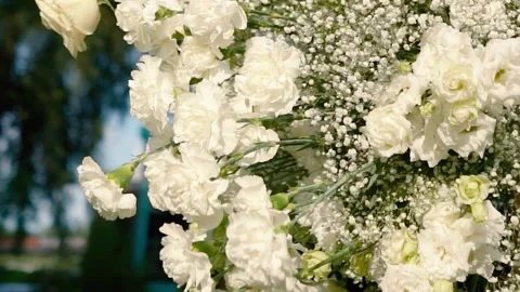 Beautiful white roses and eustoma flowers. Decor and floristry. Stock Footage 321930232