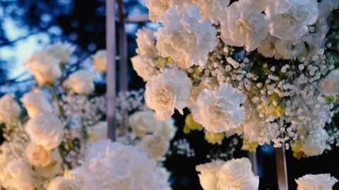 Beautiful white roses and eustoma flowers. Decor and floristry. Stock Footage 321930239