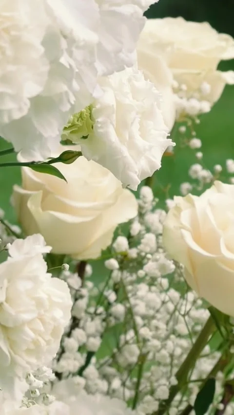 Beautiful white roses and eustoma flowers. Decor and floristry. Stock Footage 321930383