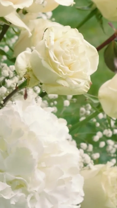 Beautiful white roses and eustoma flowers. Decor and floristry. Stock Footage 321930386