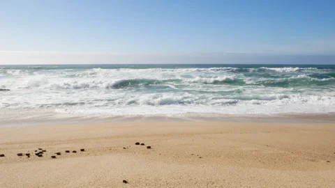 Beautiful white surf waves breaking on sandy beach on sunny day in summer Stock Footage 104461271