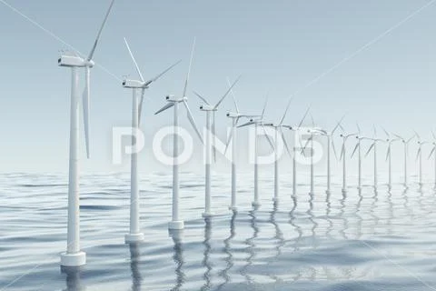 Beautiful the wind turbines in sea, ocean. Clean energy, wind energy, ecological Stock Illustration