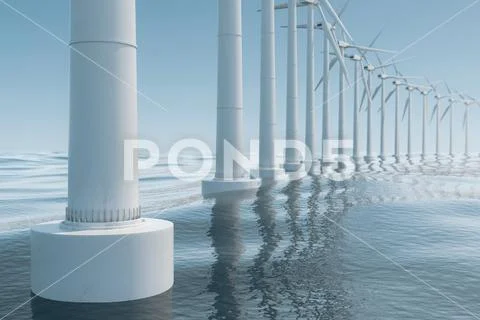 Beautiful the wind turbines in sea, ocean. Clean energy, wind energy, ecological Stock Illustration