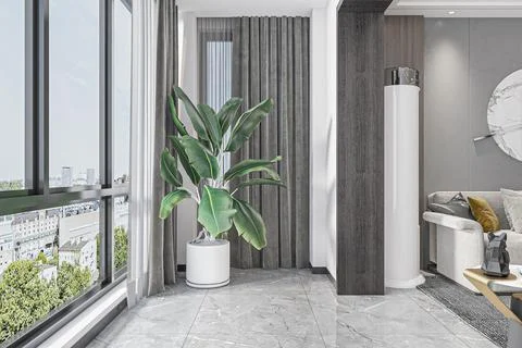 Beautiful Window corner view Plant, White and Gray Curtain in Smart Living Ro Stock-Illustration
