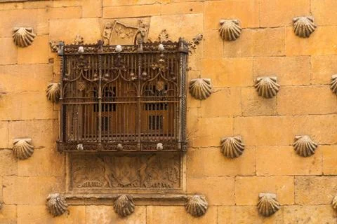 Beautiful window with forge of the house of shells in salamanca Stock Photos