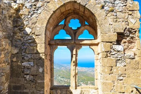 Beautiful window view from ancient St. Hilarion Castle in Northern Cyprus Stock Photos