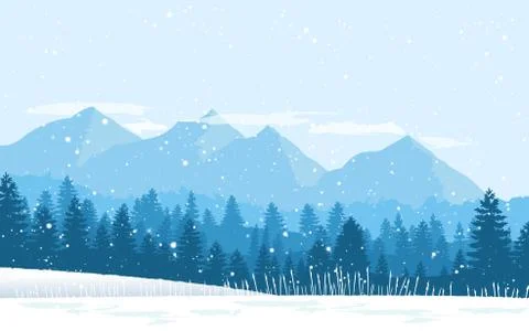 Beautiful winter flat landscape background. Winter landscape with mountains and 스톡 일러스트