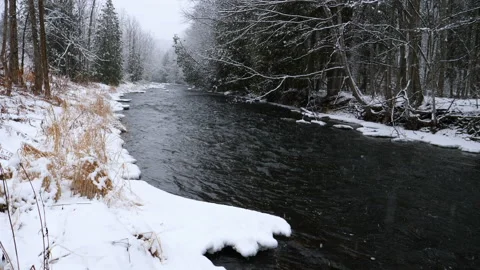 Beautiful Winter River Landscape Running Through Snow Covered Forest Snowing Day Stock Footage 162189901