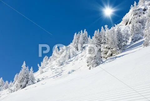 Beautiful winter slope in the mountains Stock Photos