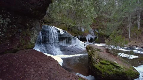 Beautiful Wintery Waterfall in the Forest Stock Footage 265112277