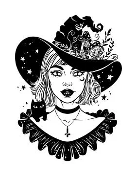 Beautiful witch with black kitten Ilustración de archivo