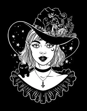 Beautiful witch with black kitten. Stock-Illustration