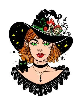 Beautiful witch with black kitten Stock-Illustration