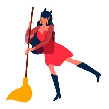 Beautiful witch with broom.Flat cartoon vector Stock Illustration
