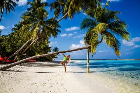 Beautiful woman in a bikini on a palm tree on the paradise beach of Maldives. Stock Photos