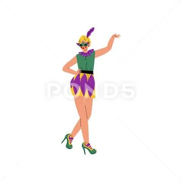Beautiful Woman in Bright Traditional Mardi Gras Costume and Mask Celebrating Stock Illustration