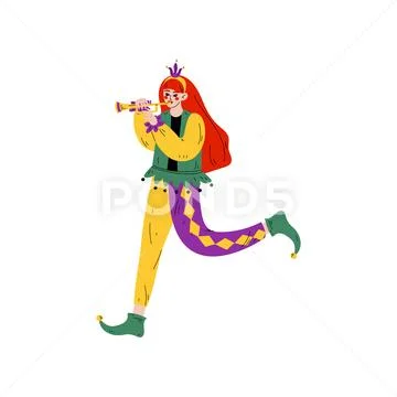 Beautiful Woman in Bright Traditional Mardi Gras Costume Playing Trumpet, Girl Stock Illustration