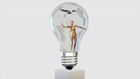 Beautiful woman dancing and eagle gliding inside of a lightbulb, loop, Alpha Cha Stock Footage 246529912