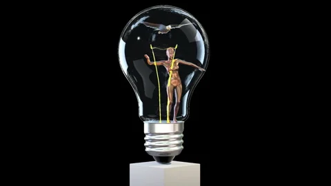 Beautiful woman dancing and eagle gliding inside of a lightbulb, loop, against b Stock Footage 248955871