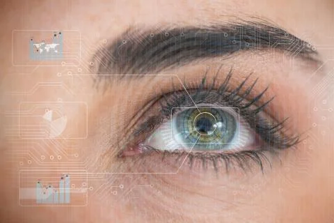 Beautiful woman eye analyzing chart interfaces Stock Photos