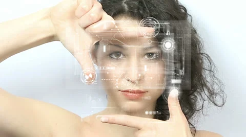 Beautiful woman frames her head with Technology overlay 스톡 동영상 37921981