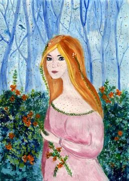 Beautiful woman in the magic forest, fantasy illustration Stock Illustration
