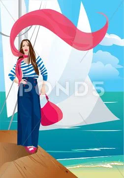 Beautiful woman on pier. portrait frame with yacht and seaside. Stock Illustration