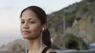 Beautiful Woman Portrait Looking At Ocean View Listening Music Stock Footage